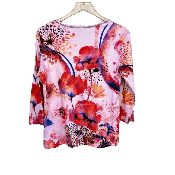 Jess And Jane Size XL Colorful Pink Purple Floral Print Cotton Top 3/4 Sleeves - Picture 7 of 7